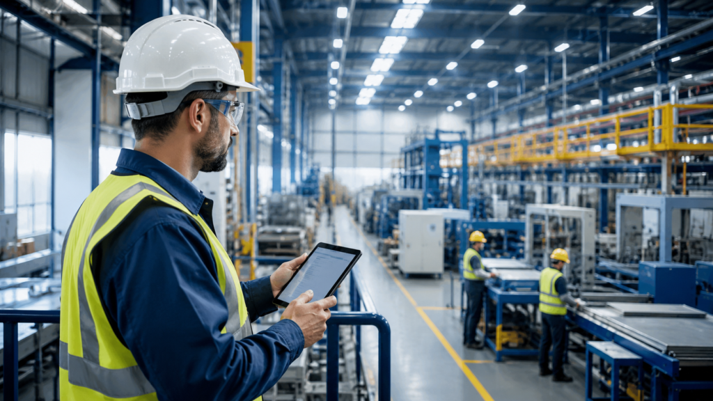 Profesional realizando una inspección de Seguridad y Salud Ocupacional en una planta industrial
